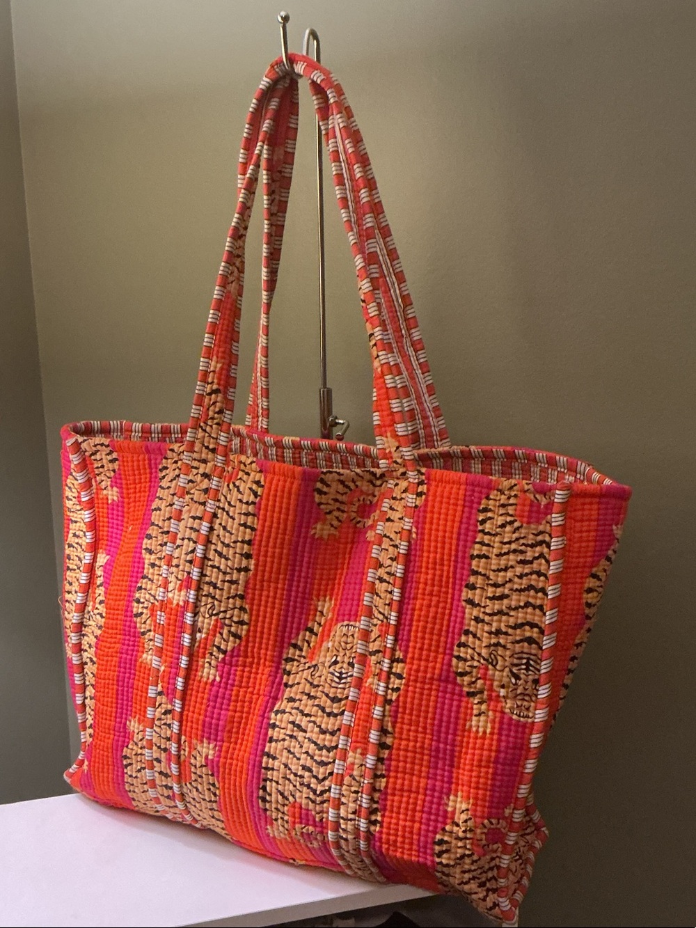 La Maison NY Quilted Pink and Orange Tiger-Print Tote Bag